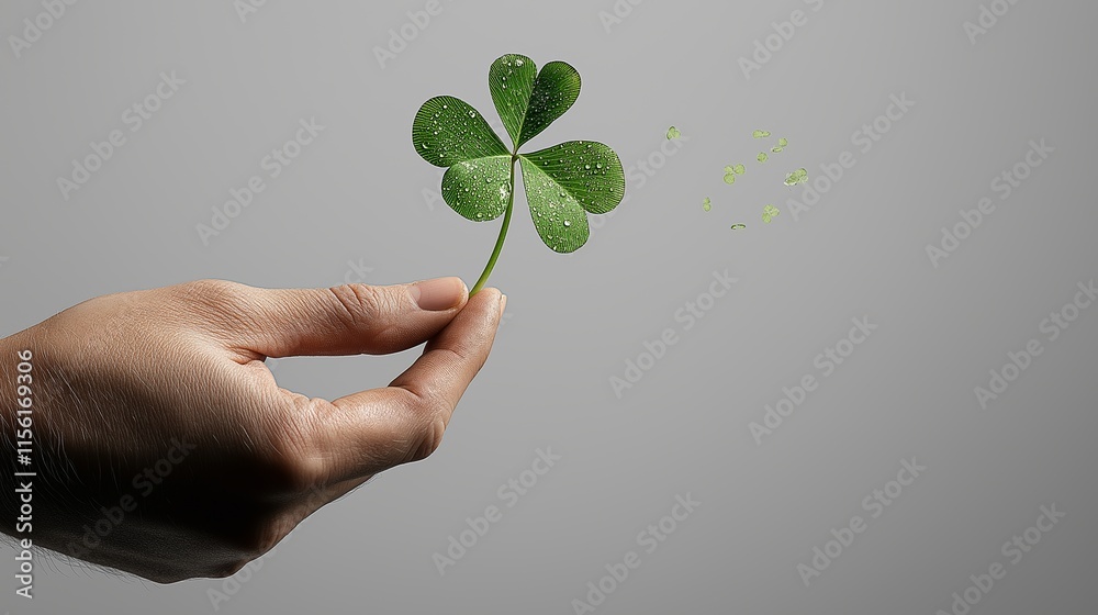 Hand holding lucky four-leaf clover with water drops for St. Patrick's Day Hand holding lucky four-leaf clover with water drops for St. Patrick's Day