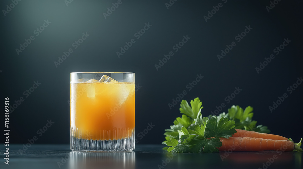 Clear Glass Tumbler with Rich Orange Carrot Juice, No Ice, Fresh Carrot and Parsley on the Side, Against a Dark Background for Contrast Clear Glass Tumbler with Rich Orange Carrot Juice, No Ice, Fresh Carrot and Parsley on the Side, Against a Dark Background for Contrast