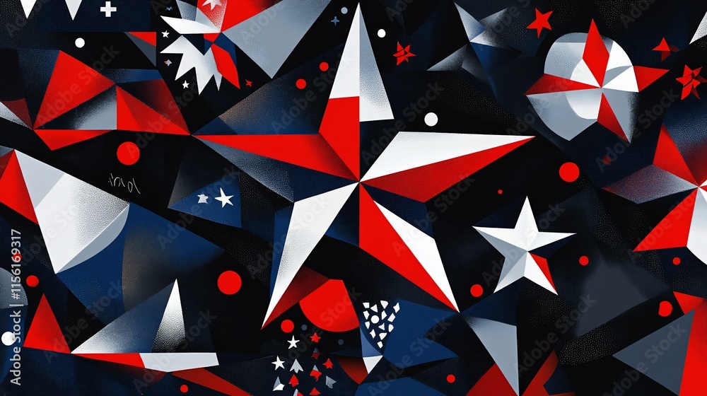 Abstract geometric pattern with red, white, and blue stars on a dark background. Abstract geometric pattern with red, white, and blue stars on a dark background.
