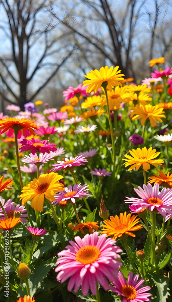 Obraz premium Vibrant flowers in various colors flourish under bright sunlight, creating a joyful display of spring's beauty and nature's artistry, hyperrealism, with white tones