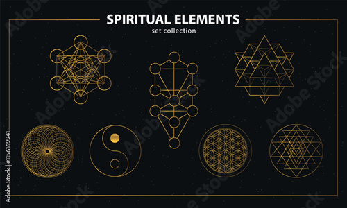 Sacred Geometry Symbols: Metatron, Tree of life, Flower of life, Sri Yantra, Torus Yantra, Yin Yang. Spiritual yoga design elements. Golden. Illustration, vector