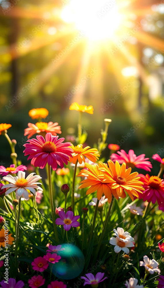 Obraz premium Vibrant flowers in various colors flourish under bright sunlight, creating a joyful display of spring's beauty and nature's artistry, studio lighting, with white tones