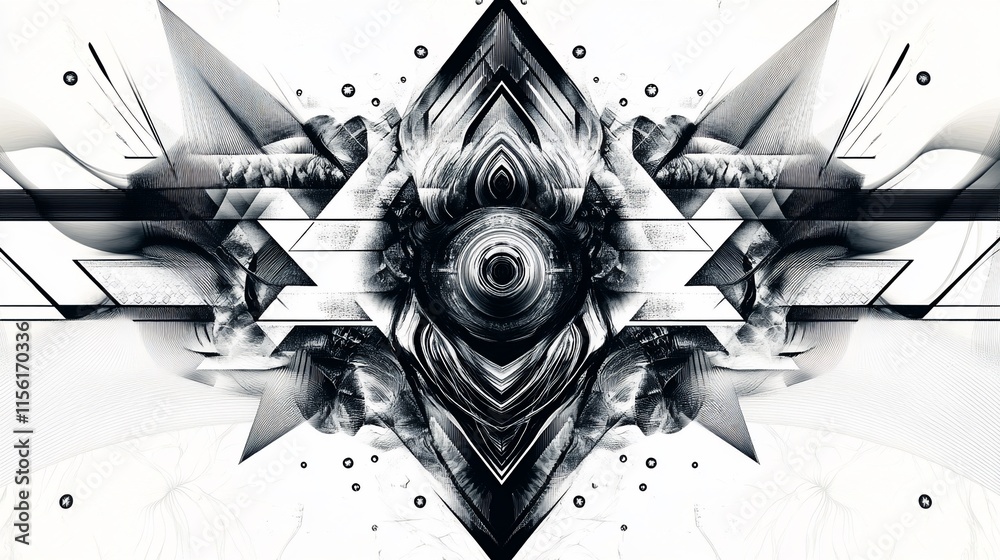 Obraz premium Abstract grayscale geometric design with central eye-like form and symmetrical wings.