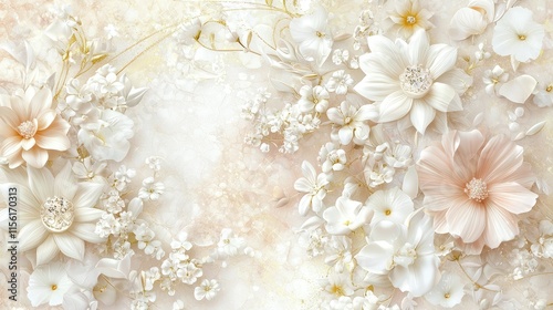 Elegant 3D floral arrangement with peach and white flowers on a textured background.