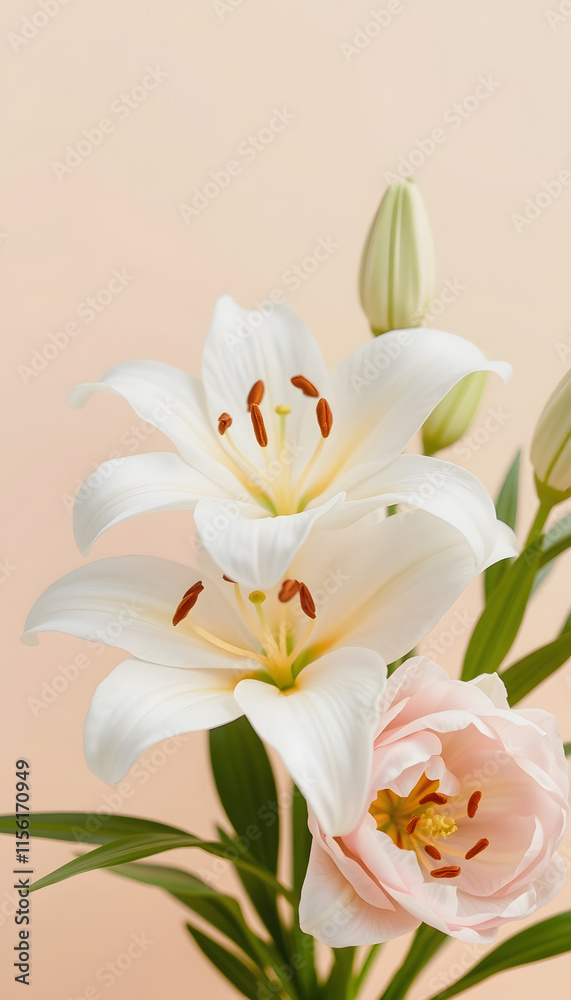 Obraz premium Close up white beige lily flower natural floral background pastel color with copy space Natural beauty blossoming lily flower Peony blooms vertical flowery image celebrate nature post :, clipart st