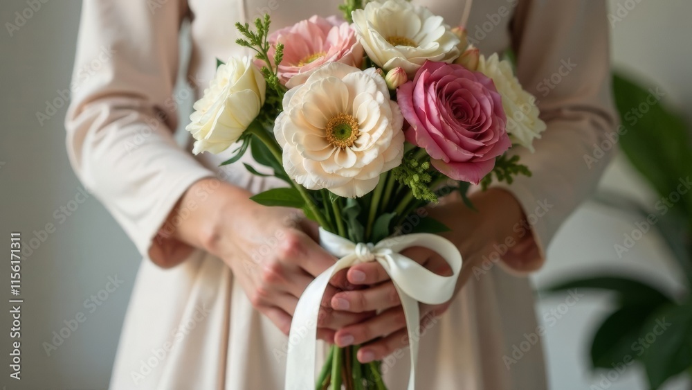 Close photo Female hands holding bouquet of flowers Close photo Female hands holding bouquet of flowers
