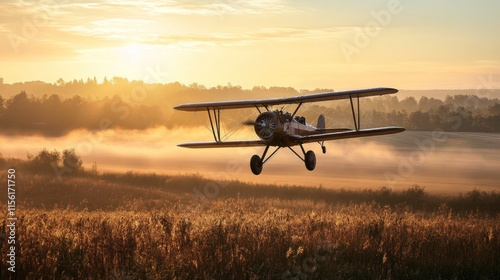 A vintage biplane flying over an open field during sunrise, with historical aviation flair