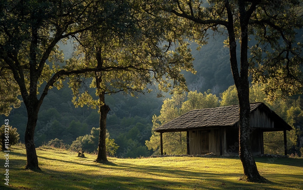 Rustic wooden cabin nestled in a sun-dappled forest clearing, surrounded by tall trees and green grass. Rustic wooden cabin nestled in a sun-dappled forest clearing, surrounded by tall trees and green grass.