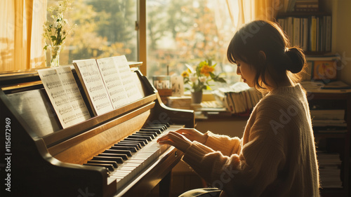 朝の自然光の中、自宅でピアノ演奏を学ぶ主婦 photo