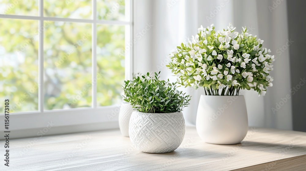 White flowers and plants on windowsill. White flowers and plants on windowsill.