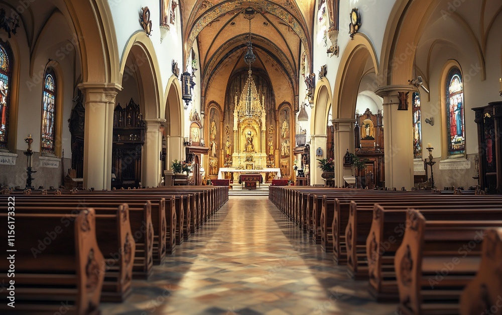 Obraz premium Grand church interior, wooden pews, altar, stained-glass windows, sunlight.