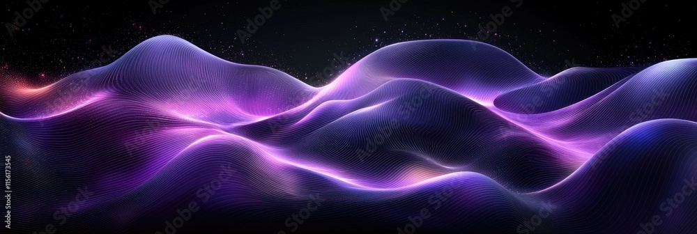 Abstract digital landscape with flowing waves in purple and blue hues. Abstract digital landscape with flowing waves in purple and blue hues.