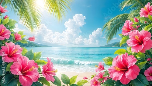 Obraz na płótnie Beach with Hibiscus Flowers