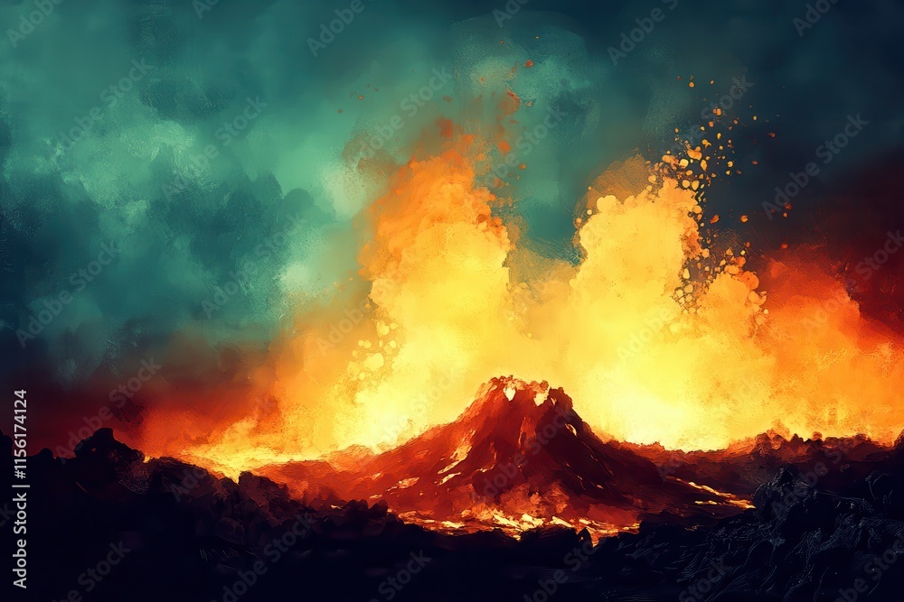 Majestic Eruption of Lava and Ash from an Active Volcano Surrounded by Dark Clouds and Fiery Glow at Dusk Captured in a Stunning Landscape Scene Majestic Eruption of Lava and Ash from an Active Volcano Surrounded by Dark Clouds and Fiery Glow at Dusk Captured in a Stunning Landscape Scene