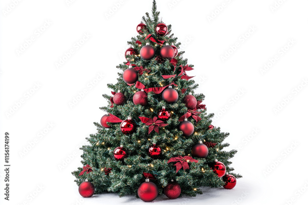 Christmas tree adorned with red ornaments and balls, standing against a cozy background with twinkling lights and a star on top. Christmas tree adorned with red ornaments and balls, standing against a cozy background with twinkling lights and a star on top.