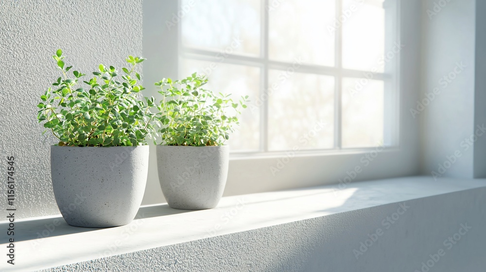 Two potted herbs on a windowsill in sunlight. Two potted herbs on a windowsill in sunlight.