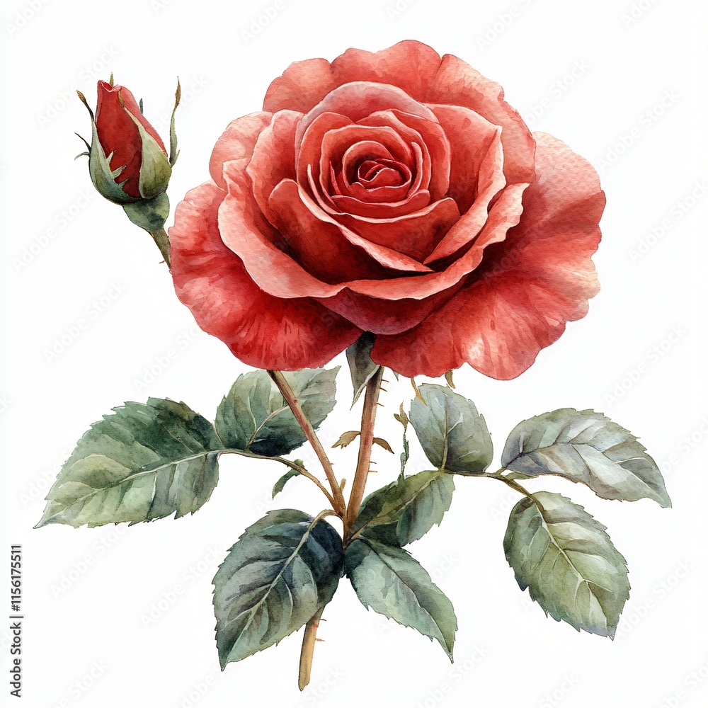 Fototapeta premium Romantic Red Rose Bloom Watercolor Painting Botanical Illustration Floral Design