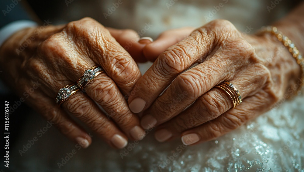 Fototapeta premium Elderly Couple s Hands Intertwined Wedding Rings Closeup Love Aged Skin Detail