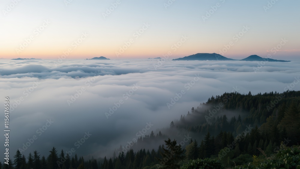 Fototapeta premium Mystical Sunrise Inversion: Volcanic Peaks Emerging from a Sea of Clouds