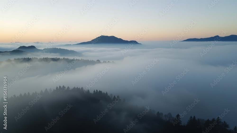 Mystical Mountain Peaks Emerging from a Sea of Clouds at Dawn Mystical Mountain Peaks Emerging from a Sea of Clouds at Dawn