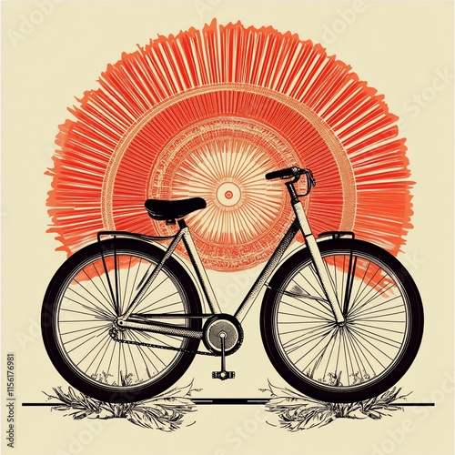 Vintage bicycle illustration with sunburst background. photo