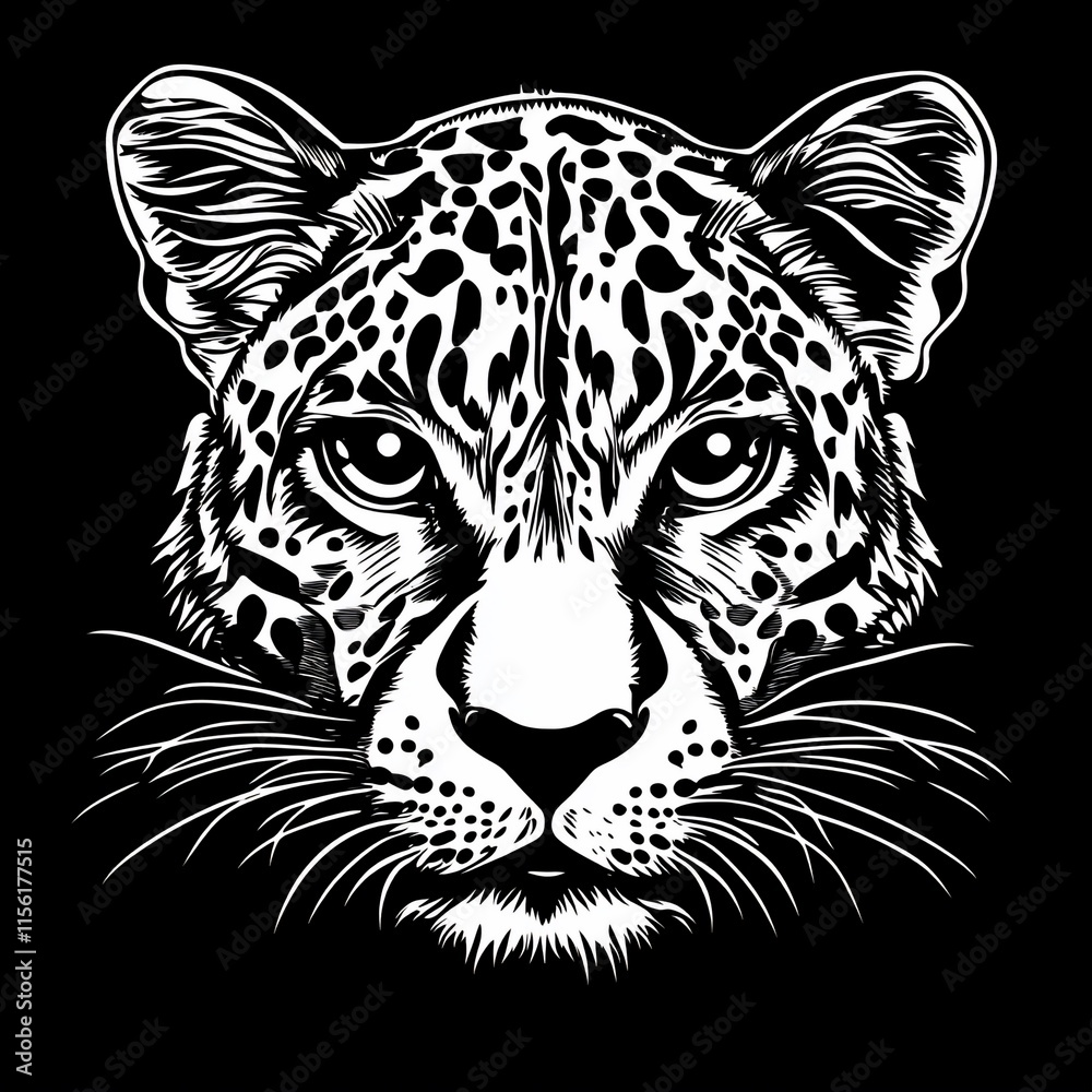 Close-up black and white illustration of a jaguar's face. Close-up black and white illustration of a jaguar's face.