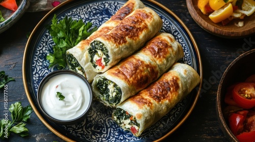 Wallpaper Mural A vibrant plate of Turkish börek filled with spinach and cheese, served with a side of yogurt Torontodigital.ca