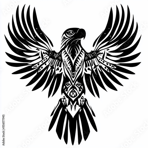 Black and white stylized eagle with wings spread wide, tribal design. photo