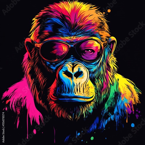 Colorful gorilla portrait wearing sunglasses, vibrant splash art style. photo