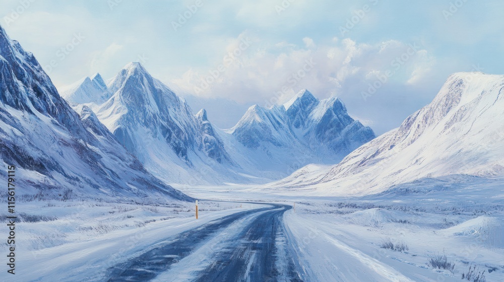 An icy road in Arctic mountains, rugged snowy peaks under a pale blue sky An icy road in Arctic mountains, rugged snowy peaks under a pale blue sky