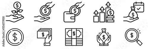 Dollar currency icon collection set.Containing money,savings, banknote, payment, finance and more. Collection of isolated icons related to dollar currency	