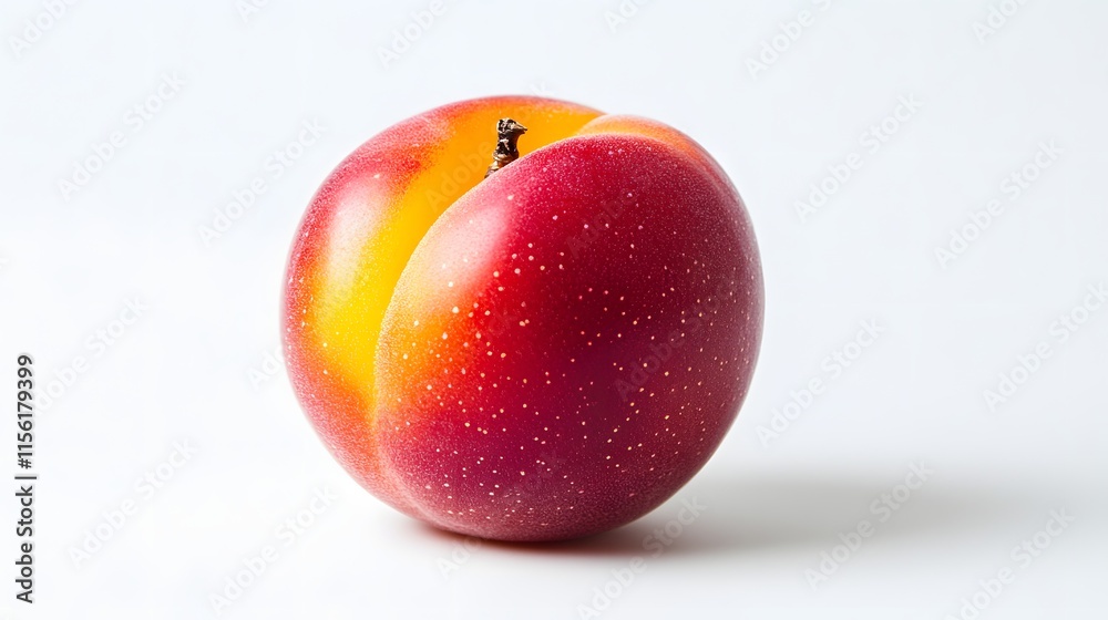 A single ripe plum sliced in half showing its vibrant colors A single ripe plum sliced in half showing its vibrant colors