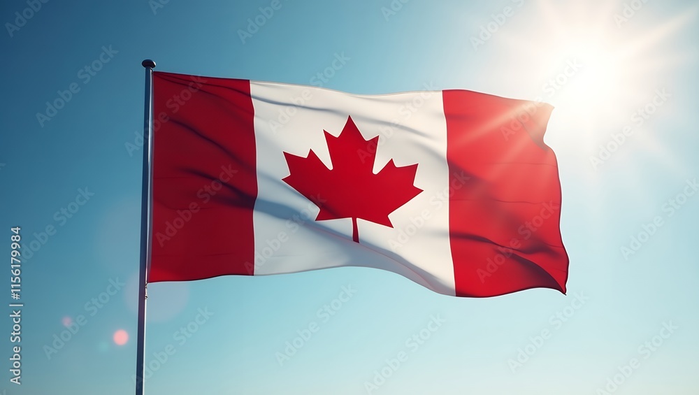 Canadian Flag Waving Proudly Under a Sunny Sky Canadian Flag Waving Proudly Under a Sunny Sky