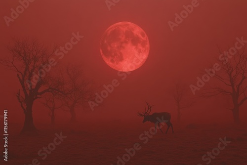 A haunting scene of a hunter stalking a ghostly stag in a desolate, fog-covered wasteland under a blood-red moon photo