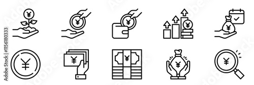 Money savings and finance vector line icons set. Collection of isolated icons such as money, yen, coin, hand, banknote, finance and more. Collection of isolated icons related to yen currency