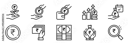 Money savings and finance vector line icons set. Collection of isolated icons such as money, rupee,  coin, hand, banknote, finance and more. Collection of isolated icons related to rupee currency