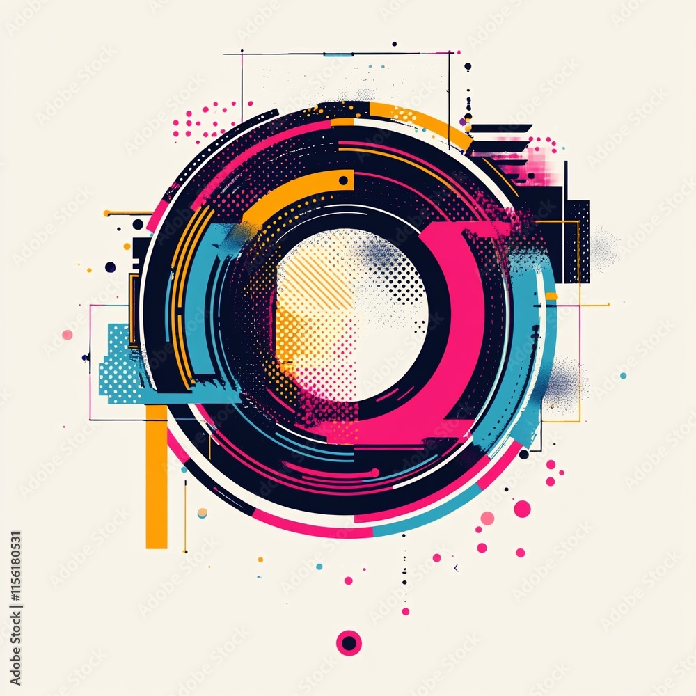 Obraz premium Abstract colorful circular design with geometric shapes and grunge texture.