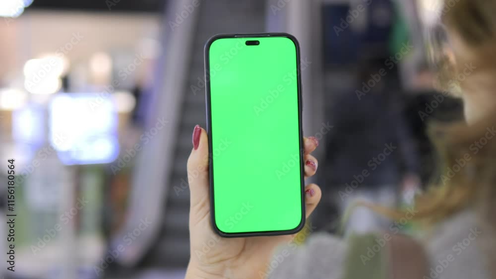 This is a smartphone featuring a vibrant green screen showcased prominently in a shopping mall