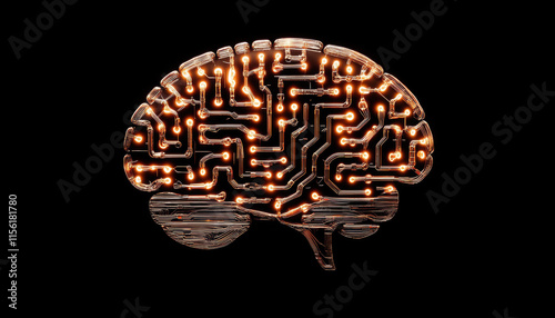 Neurotechnology Brain Computer Interfaces. Illuminated brain design resembling circuitry on a dark background. photo