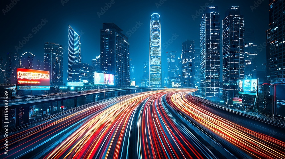 Fototapeta premium Night cityscape with light trails on highway.