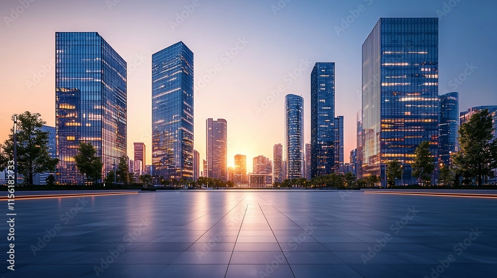 Modern cityscape at sunset, reflecting on a wide plaza.