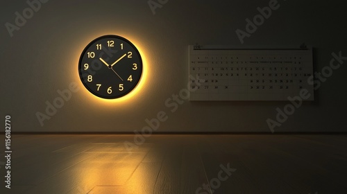Illuminated wall clock and calendar in dim room.