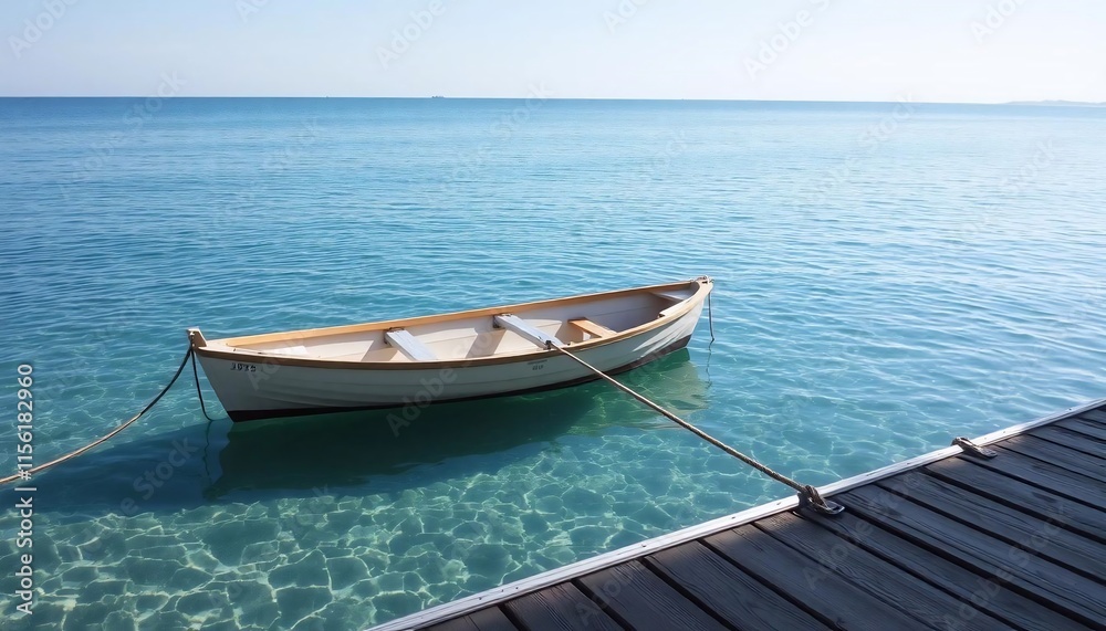 Serene Coastal Rowboat Moored at Wooden Dock Tranquil Ocean Scene Serene Coastal Rowboat Moored at Wooden Dock Tranquil Ocean Scene