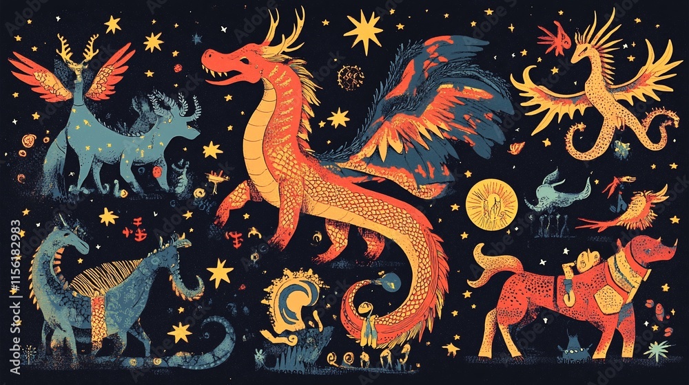 Fototapeta premium Mythical creatures, celestial bodies, and stars in a dark night sky.