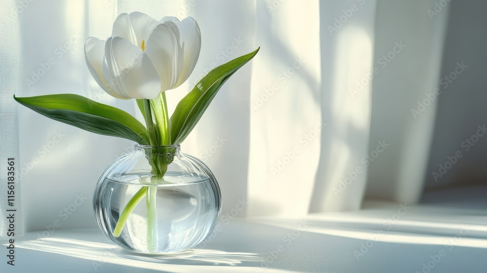 Single white tulip in a clear glass vase on a windowsill. Single white tulip in a clear glass vase on a windowsill.
