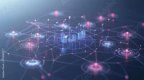 Digital city network; futuristic cityscape with data connections.