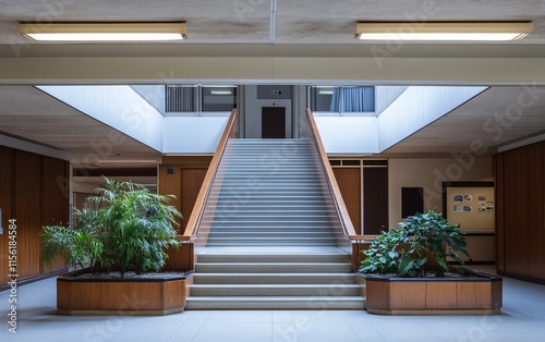 Modern minimalist architectural staircase in a light-filled building interior with plants.