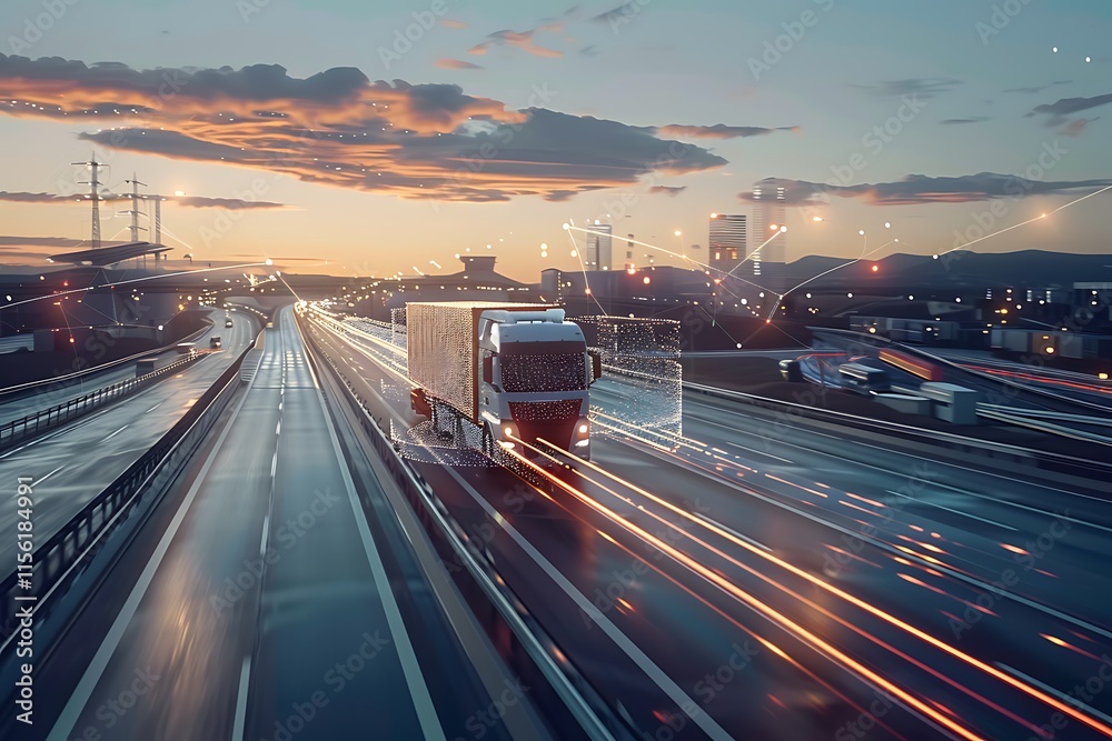 Obraz premium Truck carries cargo on the highway at night