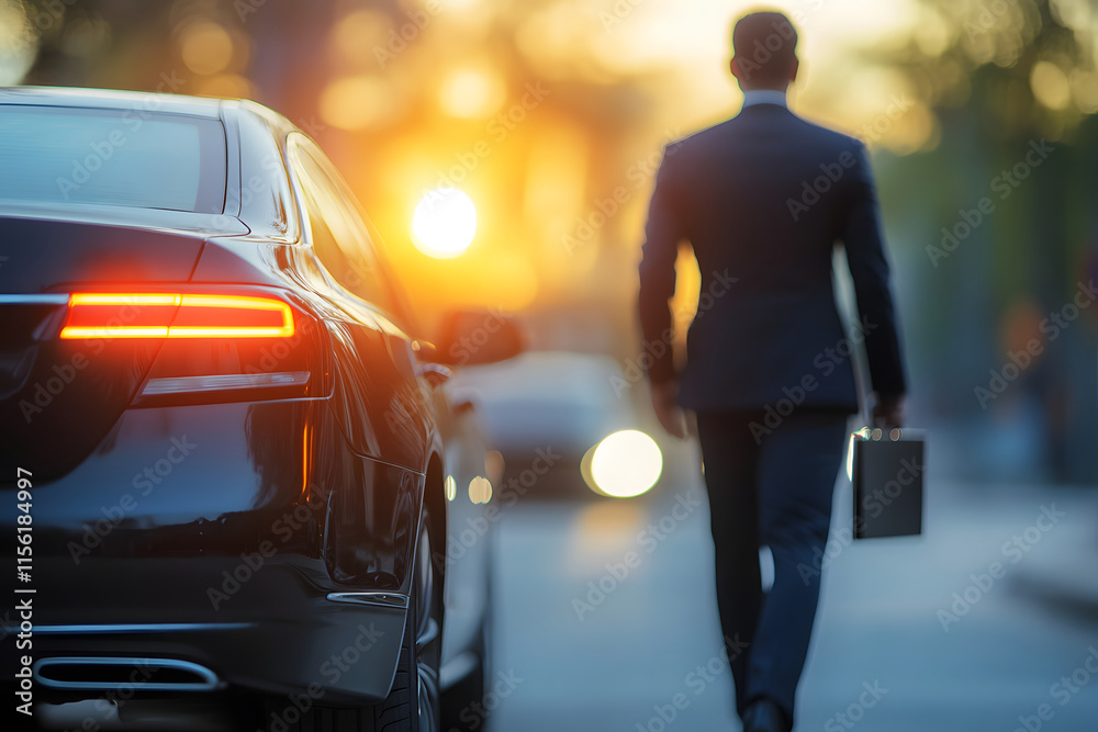 Fototapeta premium Businessman Walking Away from Black Sedan at Sunset