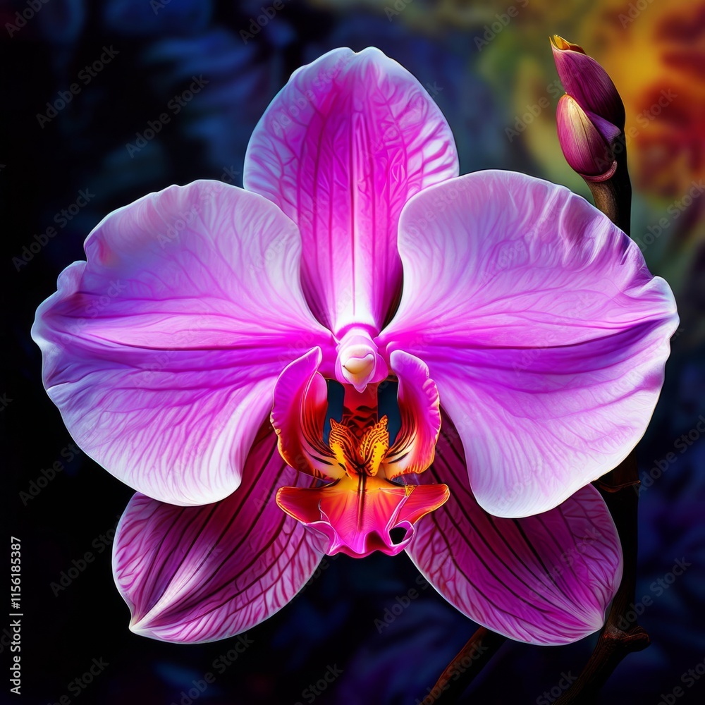 Fototapeta premium Close-up of vivid orchid flowers with gradient of pink, purple shades. Intricate petal details convey natural beauty. Ideal for home decor, floral enthusiasts, and artistic projects.